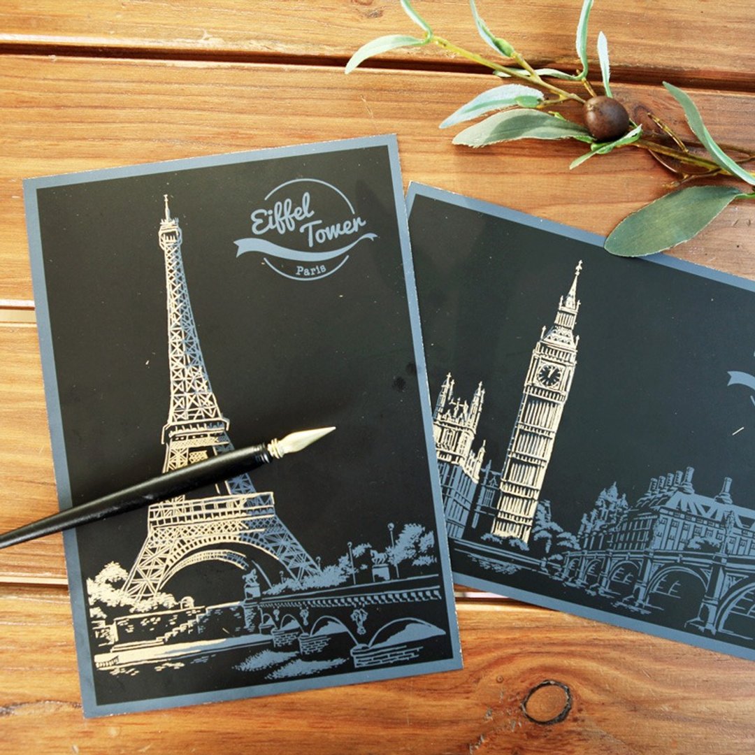 Lago-手刮城市金色夜景明信片组-Ver.2 (4张入附刮棒),LGO92923 - 卡片/明信片 - 纸 金色