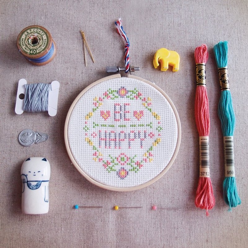 十字绣材料包 - Be Happy - 编织/刺绣/羊毛毡/裁缝 - 其他材质 粉红色