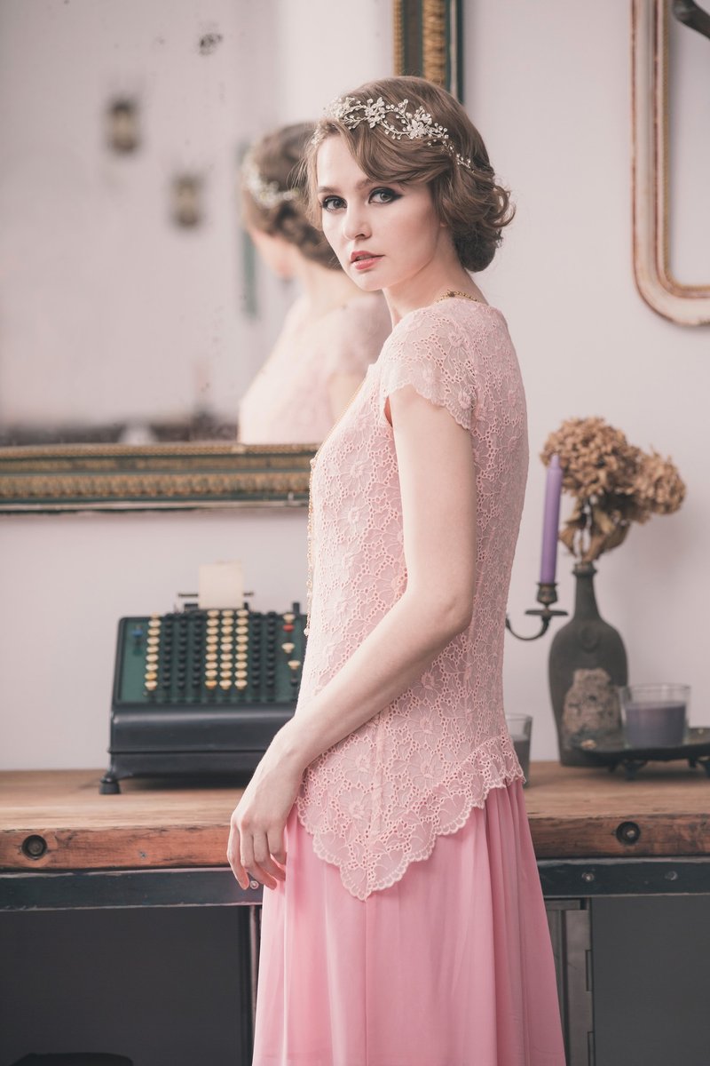 Kan's 复古低腰蕾丝雪纺长洋装 - 晚装/礼服 - 聚酯纤维 粉红色