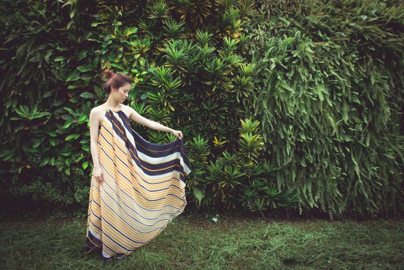 立体剪裁削肩长洋装(仅此一件) - 洋装/连衣裙 - 棉．麻 橘色