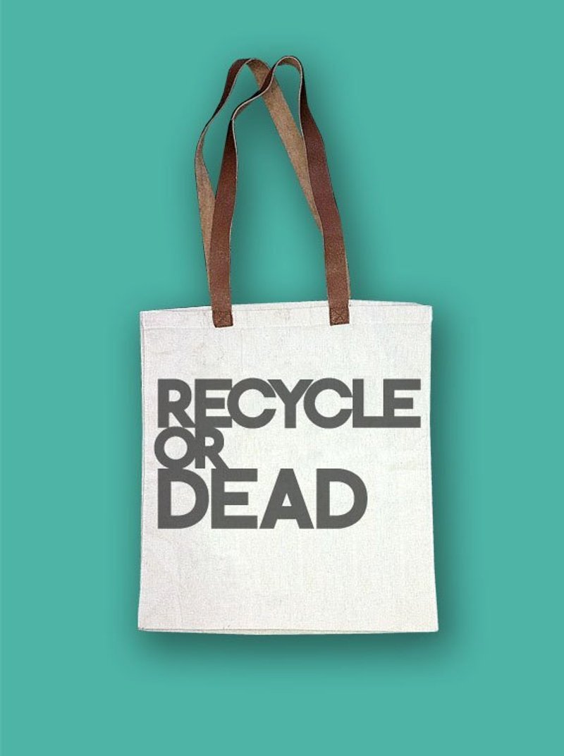 Zemoneni 全棉制 手作 牛皮提手 印花 totebag 之 Recycle Or Dead - 侧背包/斜挎包 - 棉．麻 白色