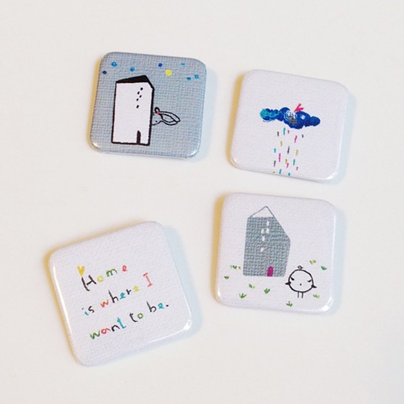 方徽章。小房子 4枚组 - 徽章/别针 - 塑料 白色