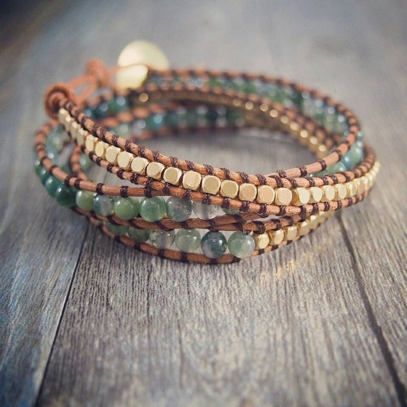 皮绳串珠(海草石+黄铜) - 手链/手环 - 其他材质 