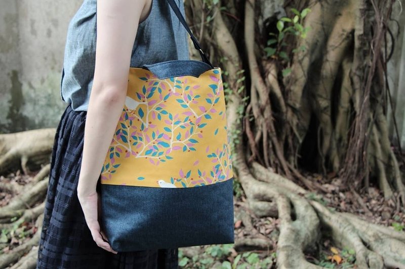 浓眉・春之鸟//拼接//日制牛仔布・大提袋 - 手提包/手提袋 - 棉．麻 黄色