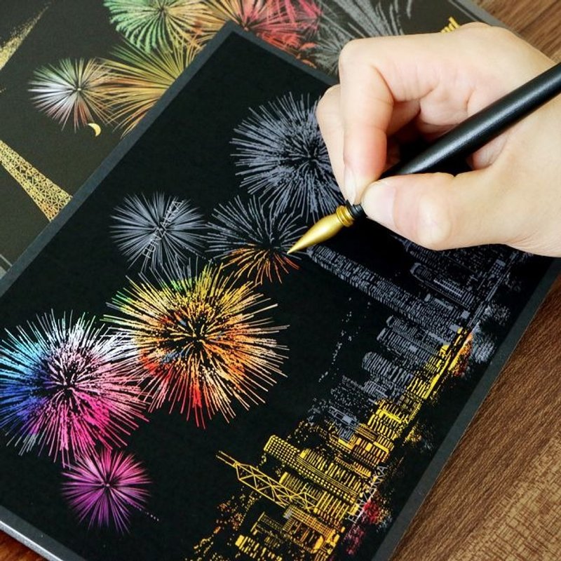 Lago-手刮城市彩色夜景明信片组 (4入附刮棒)-烟火,LGO40006 - 卡片/明信片 - 纸 多色