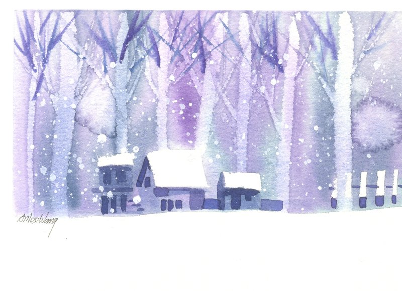 圣诞节“疗愈系树林系列1-81”水彩手绘限量版明信片/贺卡 - 卡片/明信片 - 纸 蓝色