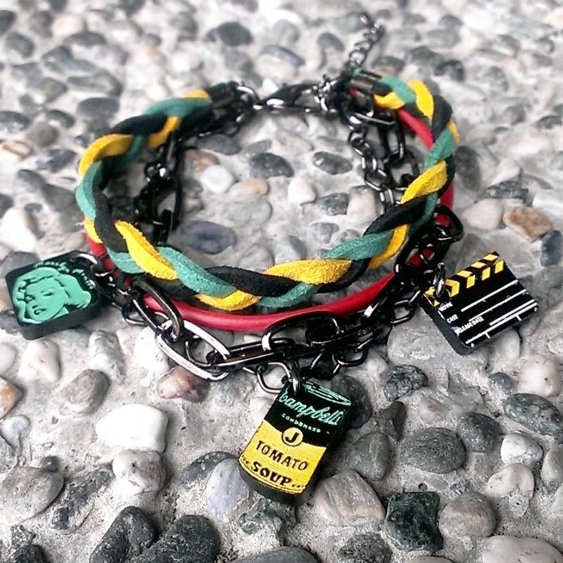 安迪沃荷风/浓汤罐/玛丽莲梦露/卡麦拉/黑黄绿编绳搭配多层次手链 - 手链/手环 - 塑料 绿色