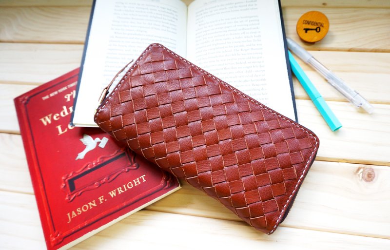 经典全真皮手工编织长夹 - 皮夹/钱包 - 真皮 咖啡色