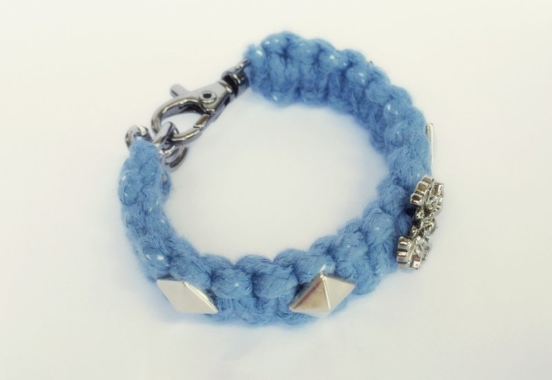 粉水蓝野玫十字卯钉编绳 - 手链/手环 - 棉．麻 蓝色