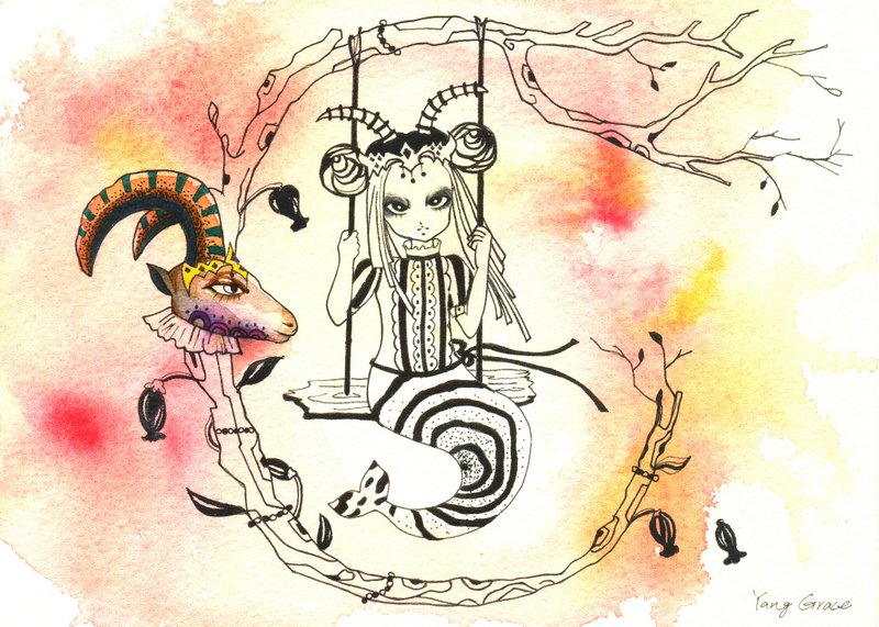 “黄道十二宫-魔羯座”纯手绘单张限量插画设计明信片 - 卡片/明信片 - 纸 黄色