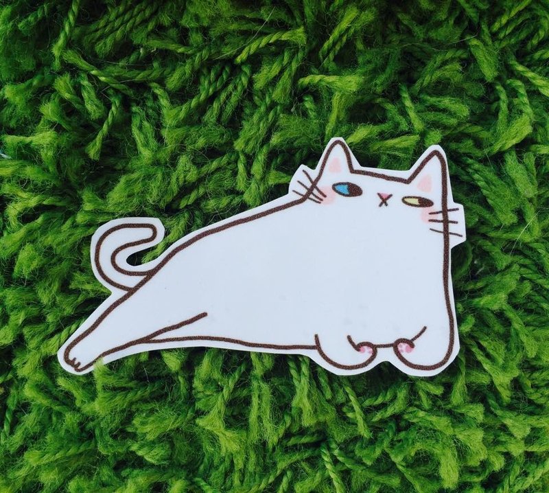 白猫肉肉眼斜斜 大张防水贴纸 - 贴纸 - 防水材质 白色