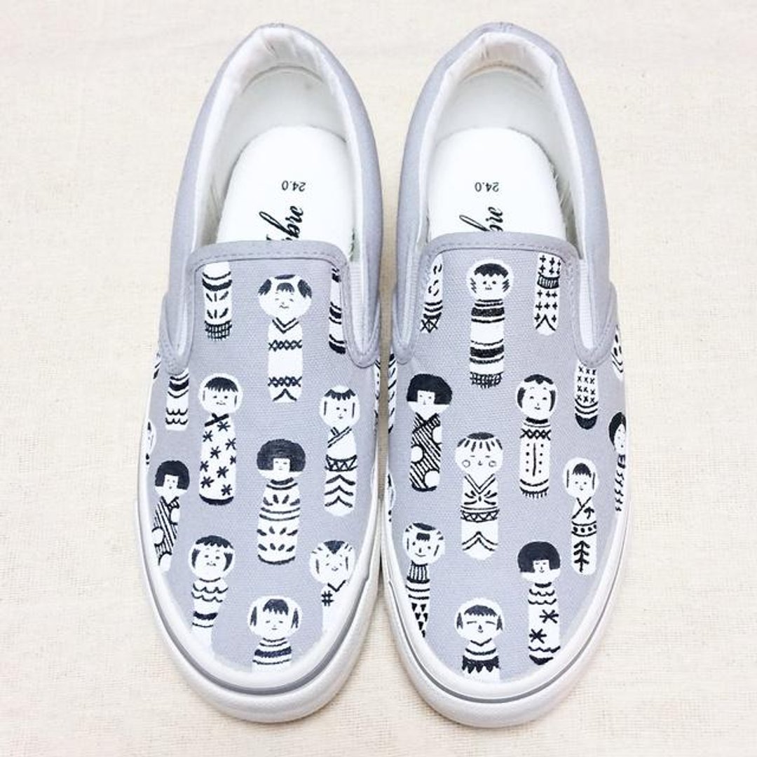 Kokeshi Slippon Men's Size (Gray) Hand Painted Hand Drawn Sneaker Lashiko LACICO Made to Order Made-to-order Production - 女款休闲鞋 - 其他材质 灰色