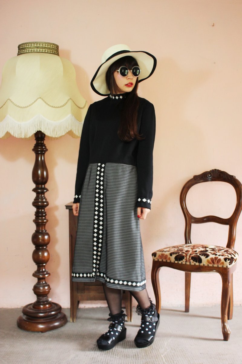 F1130(Vintage)黑色高领菱形布花拼接格纹裙长袖古着洋装 - 洋装/连衣裙 - 其他材质 黑色