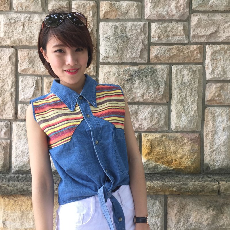 古着背心_/ 彩虹 / 牛仔 / 背心 / 改制 / 拼接 / 绑腰 - 女装背心 - 其他材质 多色