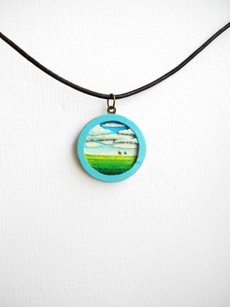 天空与草原 手工制作 多层立体木工雕刻 吊坠 颈链 包邮 - 项链 - 木头 蓝色