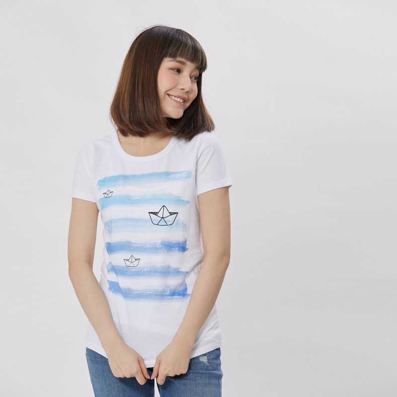 纸船 短袖 蜜桃棉 女T 纯白 - 女装 T 恤 - 棉．麻 白色