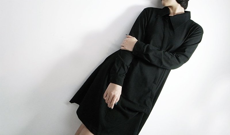 I . A . N Design 斜领衬衫洋装 有机棉 Organic Cotton - 女装衬衫 - 棉．麻 黑色