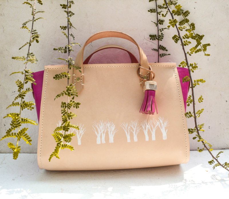 雪白森林植鞣革全真皮纯手工托特包附木头流苏配饰 - 侧背包/斜挎包 - 真皮 橘色