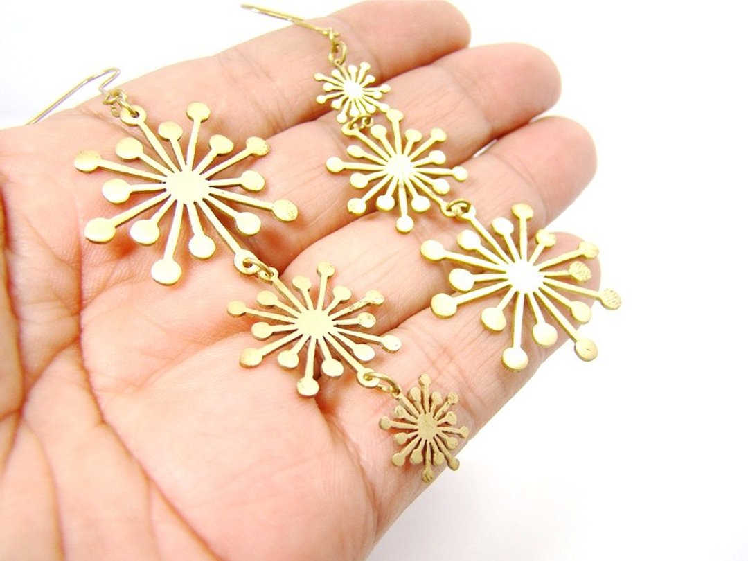 Firework earring in brass hand sawing - 耳环/耳夹 - 其他金属 