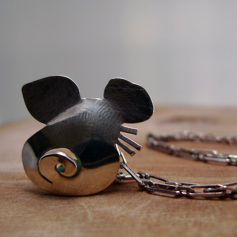 鼠来宝02~纯银十二生肖弥月坠饰项链,手作的诗小朋友第一件纯银饰 - 项链 - 纯银 银色