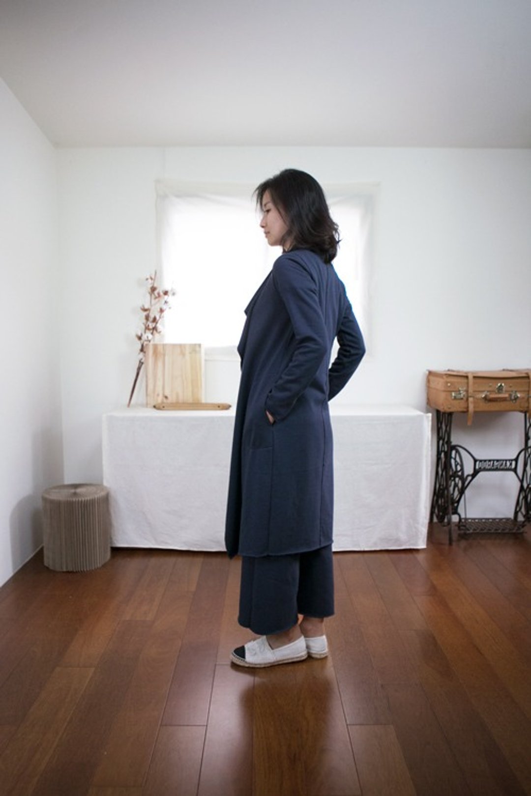 垂坠领修身大褛｜安静夜里 - 女装休闲/机能外套 - 棉 蓝色