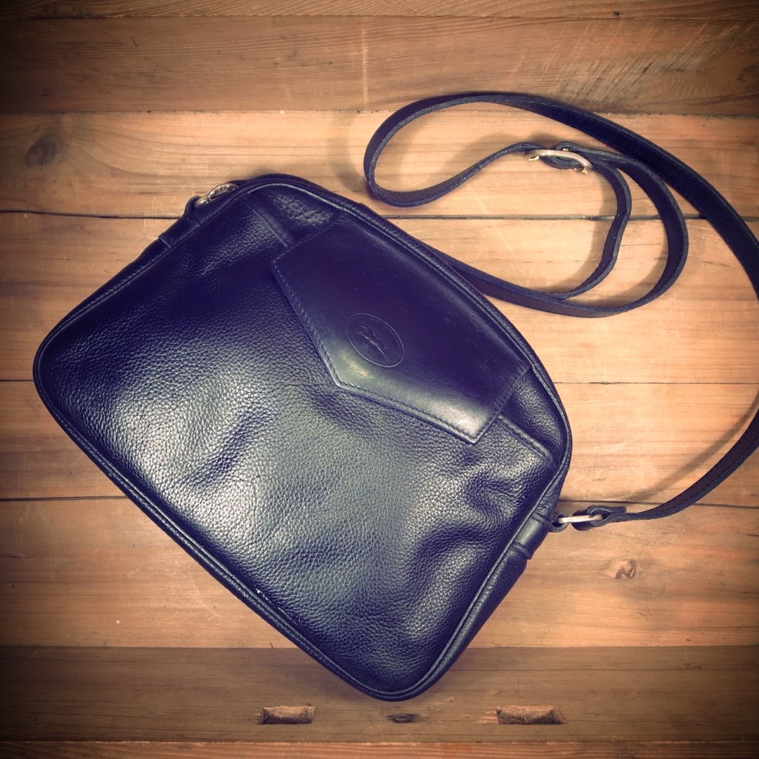 [ 老骨头 ] LONGCHAMP 黑色 真皮 侧背方包 绝版真品 古董包 Vintage 古着 - 侧背包/斜挎包 - 真皮 黑色