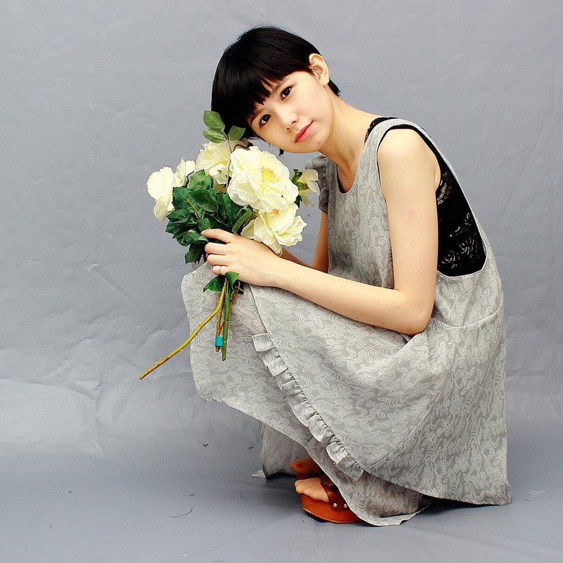 圣诞 礼物**灰色 白色 花纹 花草纹 布蕾丝/不对称 背心裙 /洋装 - 洋装/连衣裙 - 棉．麻 灰色