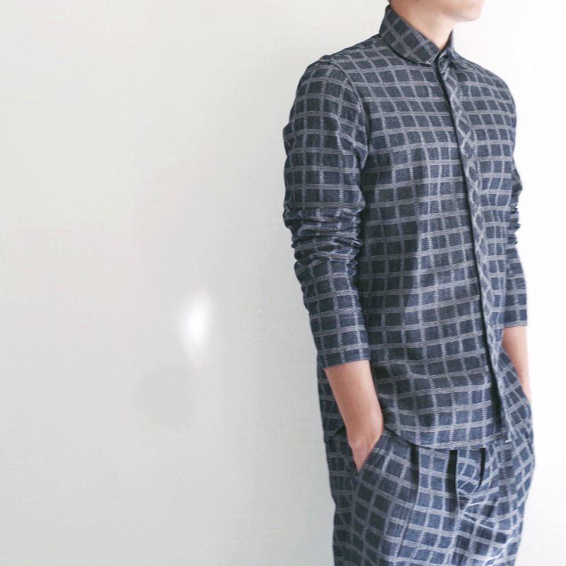 一小格 牛仔短衫 - 男装衬衫 - 棉．麻 蓝色