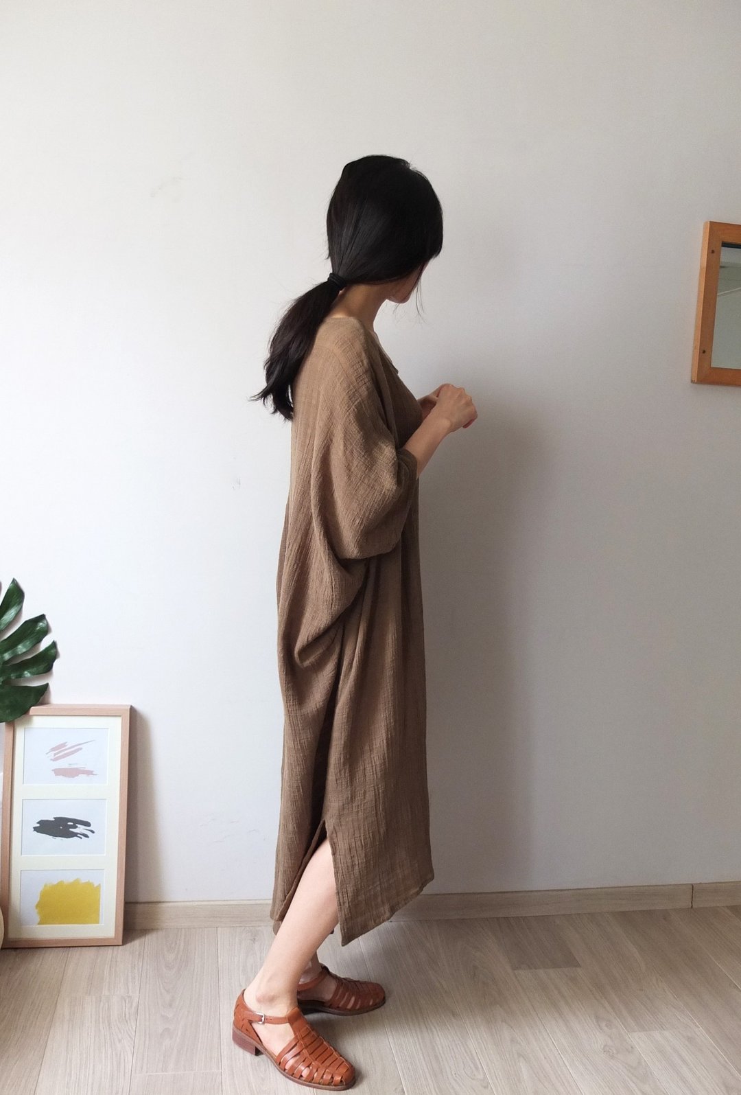 交错纹里麻棉maxi洋装{出清S码2980另开卖场} - 洋装/连衣裙 - 其他材质 