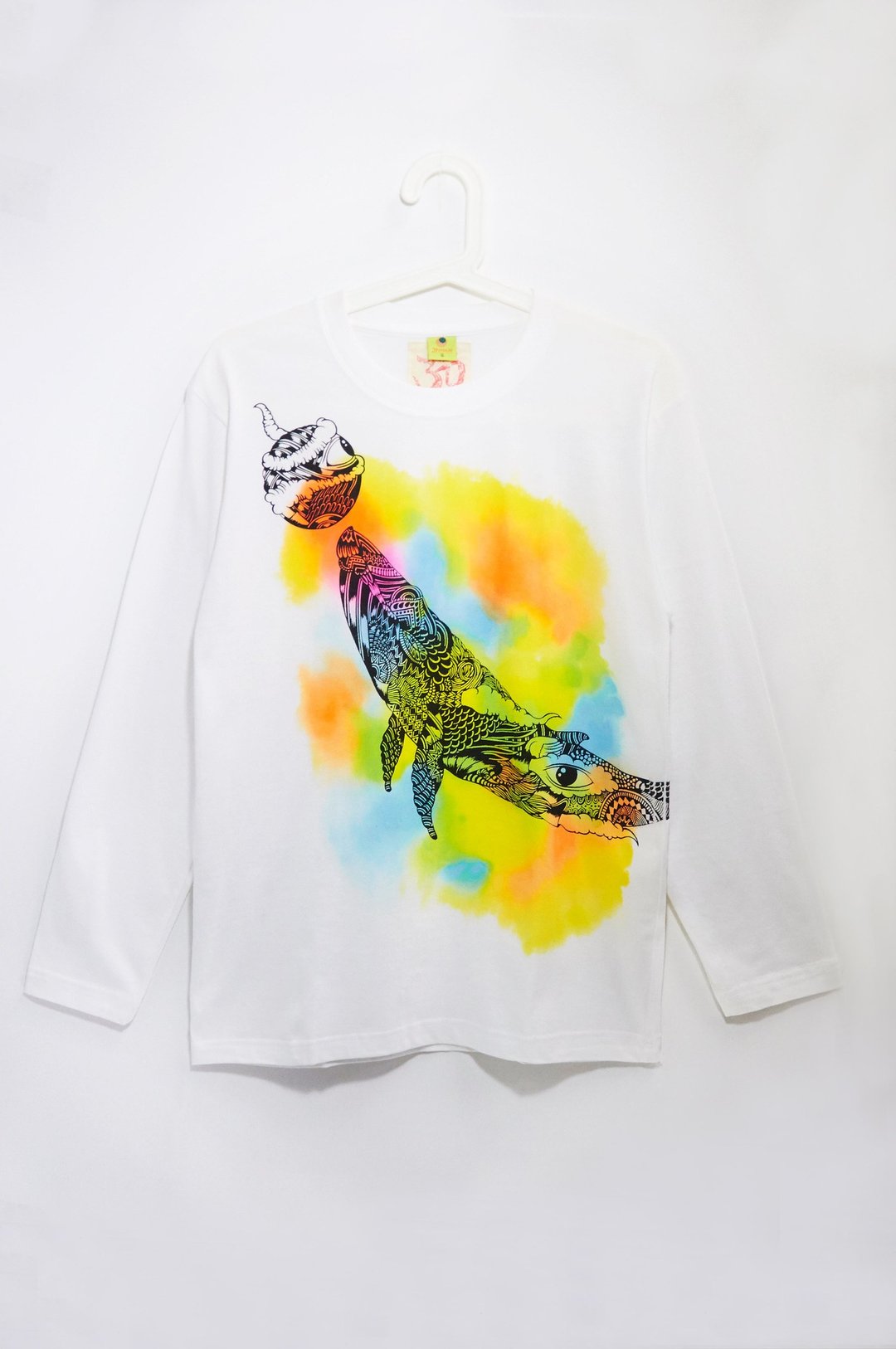男版手感水彩长袖上衣 / T-shirt - 潜出水面的鲸鱼 (S ) - 男装上衣/T 恤 - 棉 多色