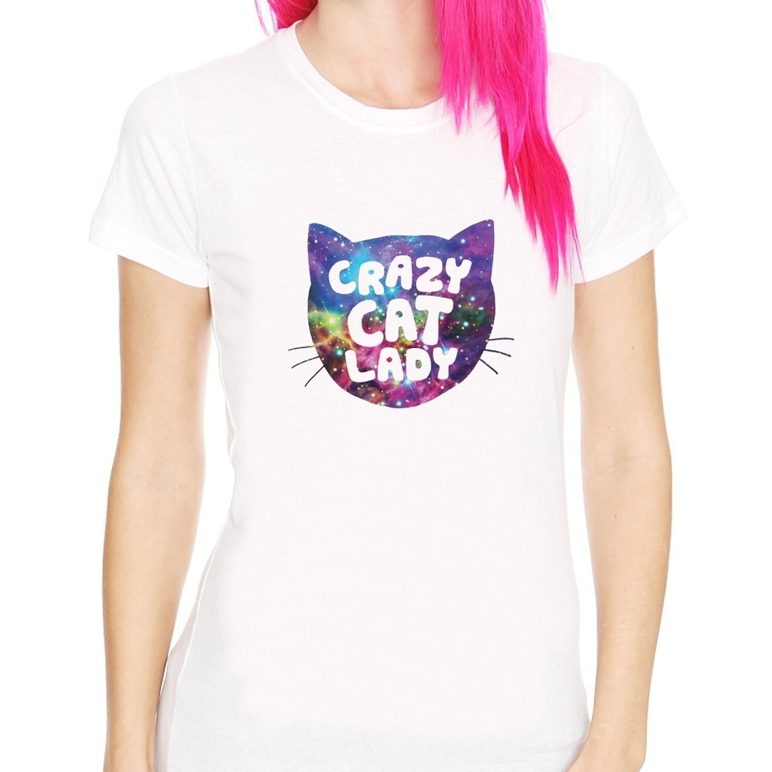 Crazy Cat Lady-Cosmic短袖T恤-白色 疯狂爱猫的女人设计宇宙星   - 女装 T 恤 - 其他材质 白色
