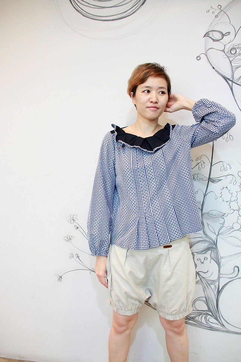 & by tan&luciana 蓝格花翻领上衣 - 女装上衣 - 棉．麻 蓝色