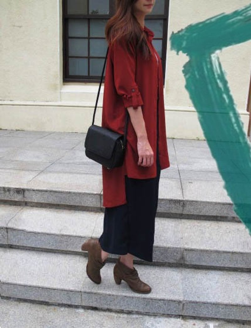 -独家设计-前短后长Normcore style衬衫/勃根地红 - 女装衬衫 - 其他材质 红色