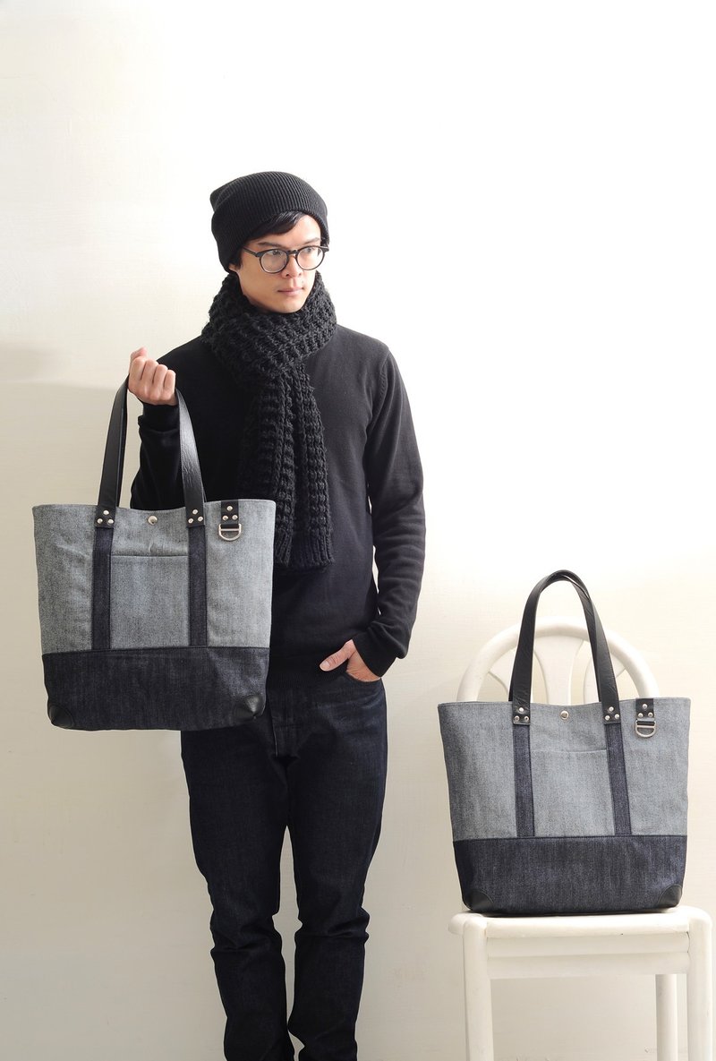 DENIM-手做皮革丹宁牛仔帆布手提/托特/笔电包 - 手提包/手提袋 - 真皮 蓝色