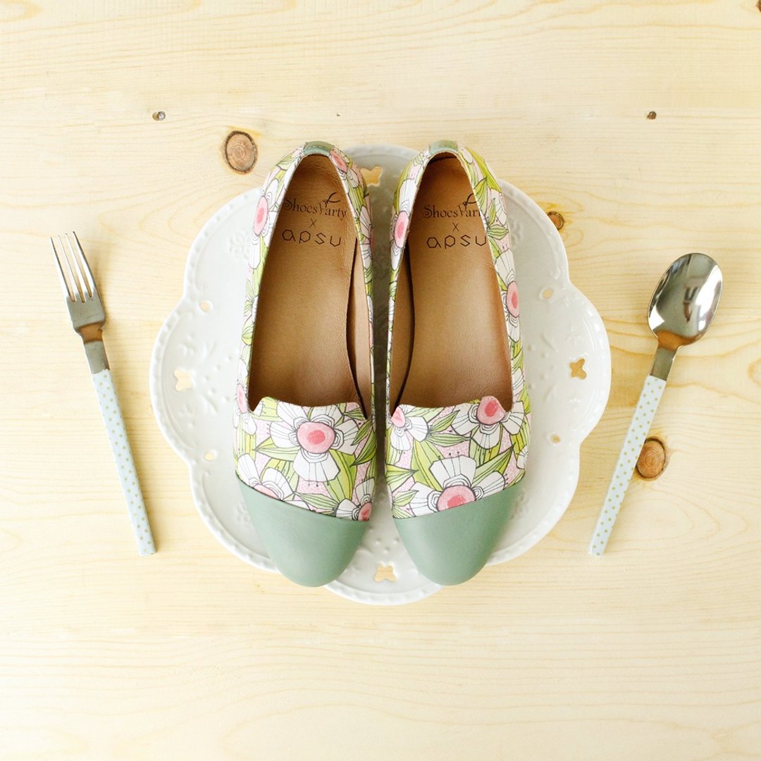 ----------Shoes Party----------草莓泡泡糖斜拼接欧贝拉  /女鞋/手工订制/日本布料 - 芭蕾鞋/娃娃鞋 - 其他材质 绿色