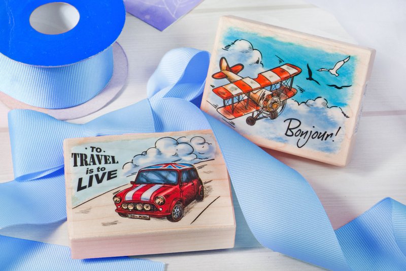 复古旅札-飞机款&奥斯汀款+DYE染料印台 - 印章/印台 - 木头 蓝色