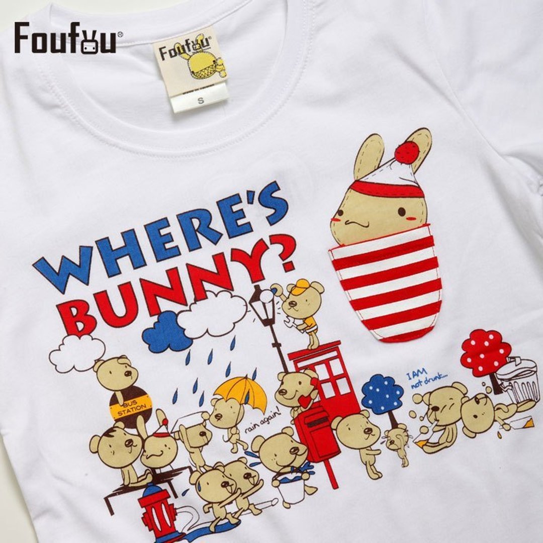 《Foufou》--口袋Tee(t-shirt)-Where's bunny?(白) - 女装 T 恤 - 棉 