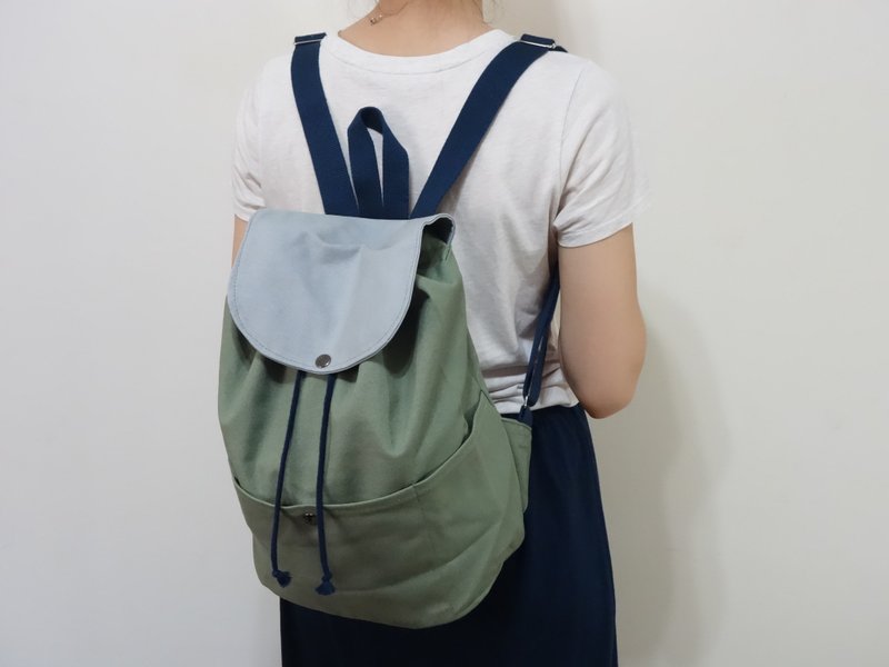 小旅行后背包・灰绿佐灰・灰色改水洗灰 - 束口袋双肩包 - 棉．麻 绿色