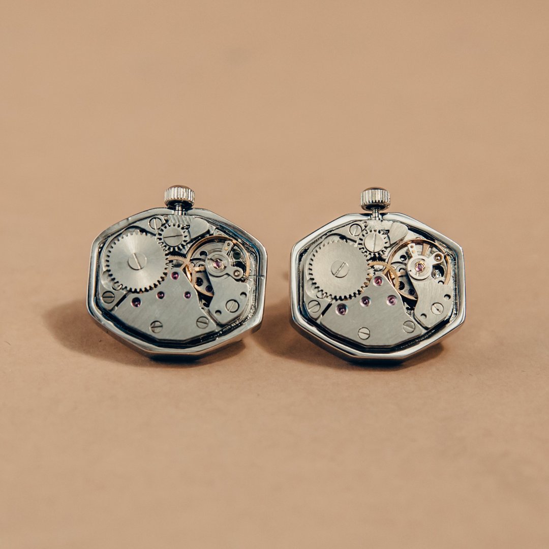 六角款银色无外壳薄款 表芯袖扣 Hexogen Mechanical Cufflink - 袖扣 - 其他金属 