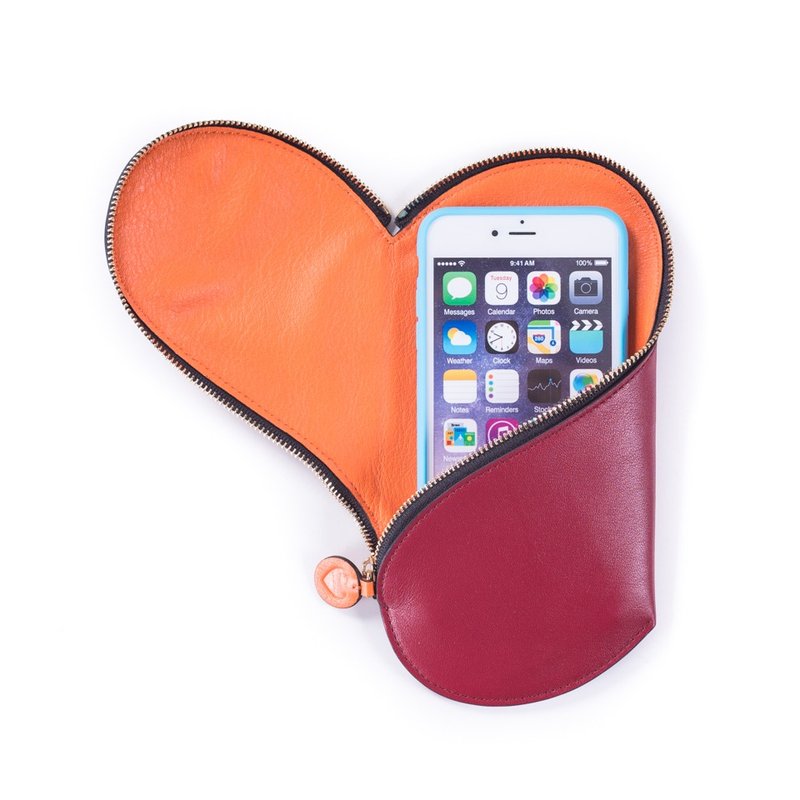 Patina 真皮手工订制 Amie-L 加大版 双心拉链包・化妆包・收纳包 - 手机壳/手机套 - 真皮 红色