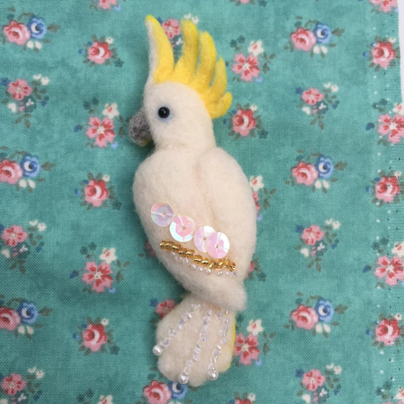 葵花凤头鹦鹉－手作羊毛毡别针 - 胸针 - 羊毛 白色