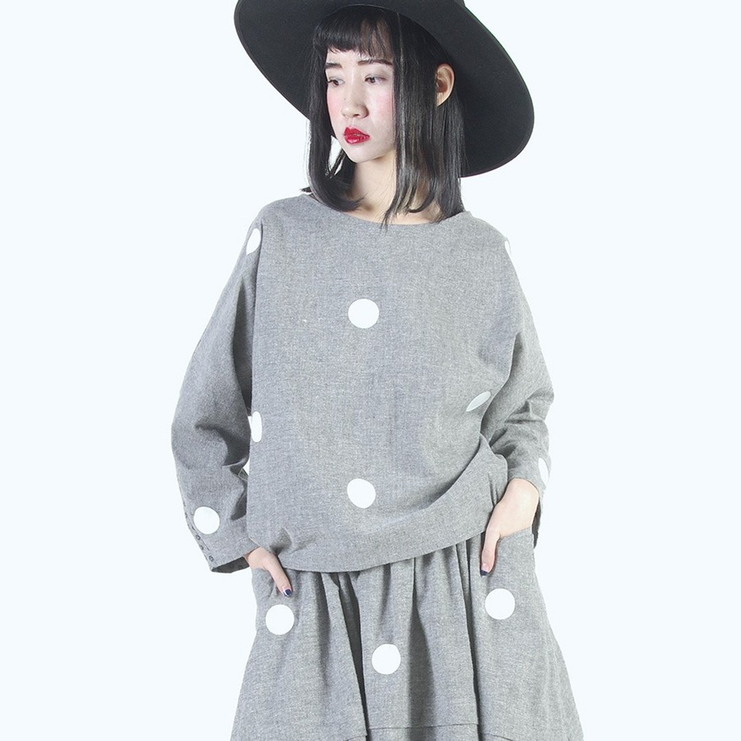 日系甜美点点灰色长袖衫 - imakokoni - 女装上衣 - 棉 灰色