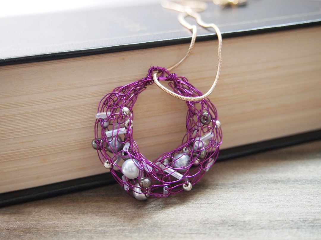 Just Knitting P019手工编织紫色铜线配银色亚加力珠坠子连链 ● 香港制造 - 项链 - 其他材质 紫色
