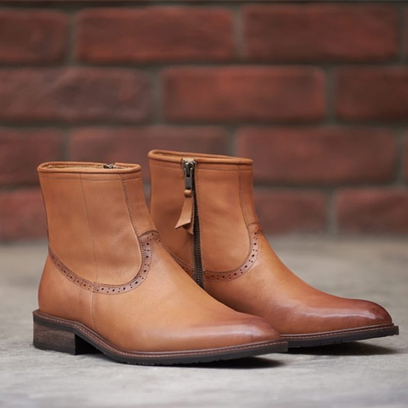 林果良品 复古拉链雕花胶底靴 蜜棕色 - 男款靴子 - 真皮 咖啡色
