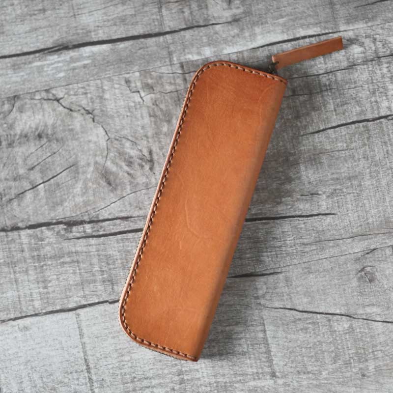 焦糖色硬挺立体植鞣真皮革笔袋 - 铅笔盒/笔袋 - 真皮 橘色