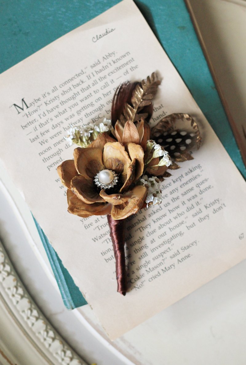 手工胸花【干燥花系列】松花 / 金叶 (棕色) - 胸针 - 植物．花 金色