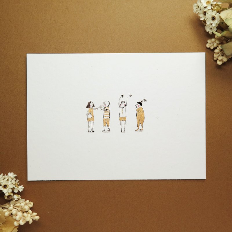 | 手绘明信片原稿 | 4 persons - flowers # 1111 - 卡片/明信片 - 纸 金色