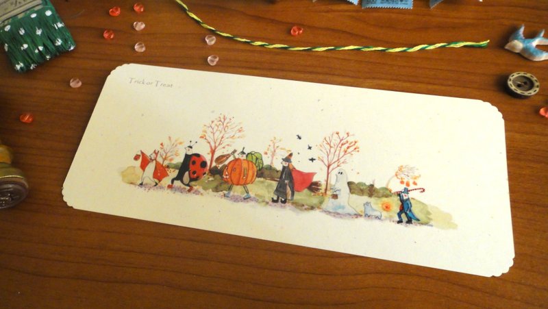 :: 薛袅儿:: 万圣节大游行 Trick or Treat ，南瓜 巫婆 幽灵 吸血鬼 魔术师 瓢虫 小狗 不给糖就捣蛋   长型明信片/卡片 - 卡片/明信片 - 纸 多色