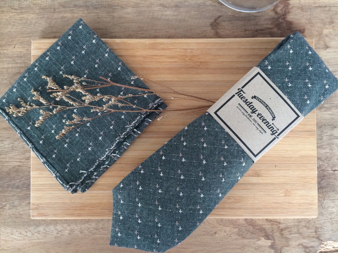 Necktie Green Dot Set - 领带/领带夹 - 棉 绿色