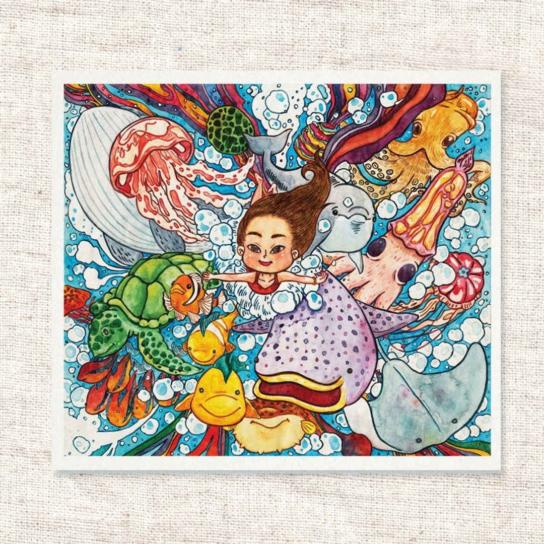 水彩手绘明信片、问候卡。蓝色啤酒海 - 卡片/明信片 - 纸 